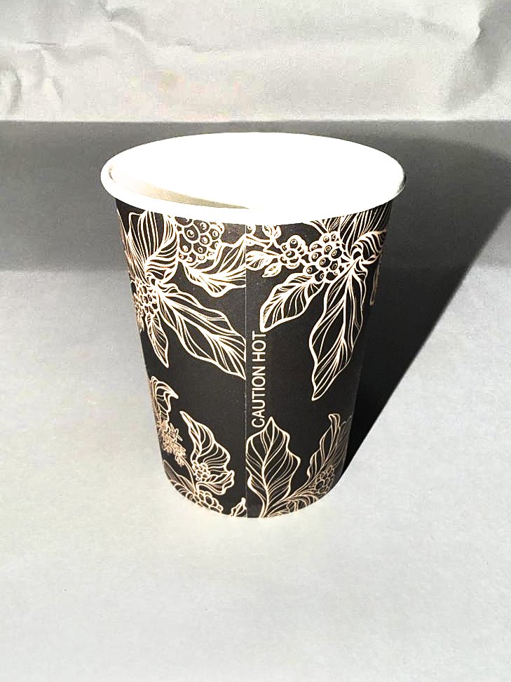Gobelet FILEX en carton noir mat, imprimé d'un motif botanique cuivre.